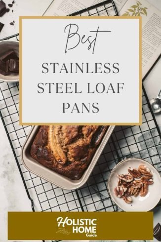 An SEO-friendly ALT tag describing a stainless steel loaf pan used for baking, emphasizing natural wellness and sustainable k.