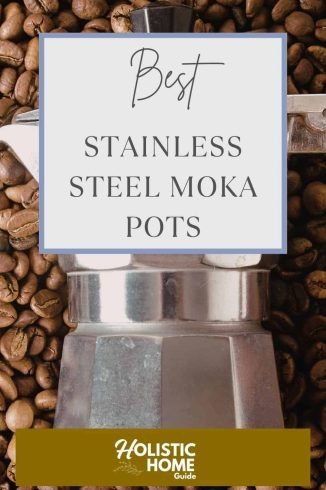 An eco-friendly stainless steel moka pot surrounded by fresh coffee beans, perfect for sustainable living and natural wellnes.